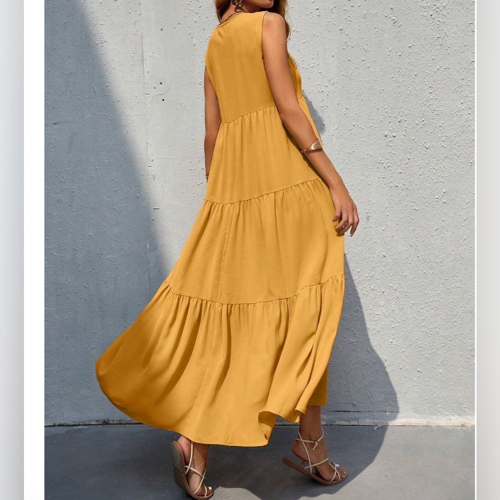 LAST ONE 🔥 Boho V Neck Ruffle Hem Smock Dress Yellow * - Picture 3 of 7